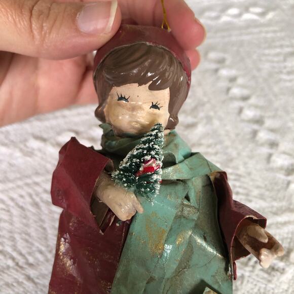 Vintage 1960s Paper Mache Caroler Girl Ornament w Bell & Bottle Brush Tree - Picture 6 of 9